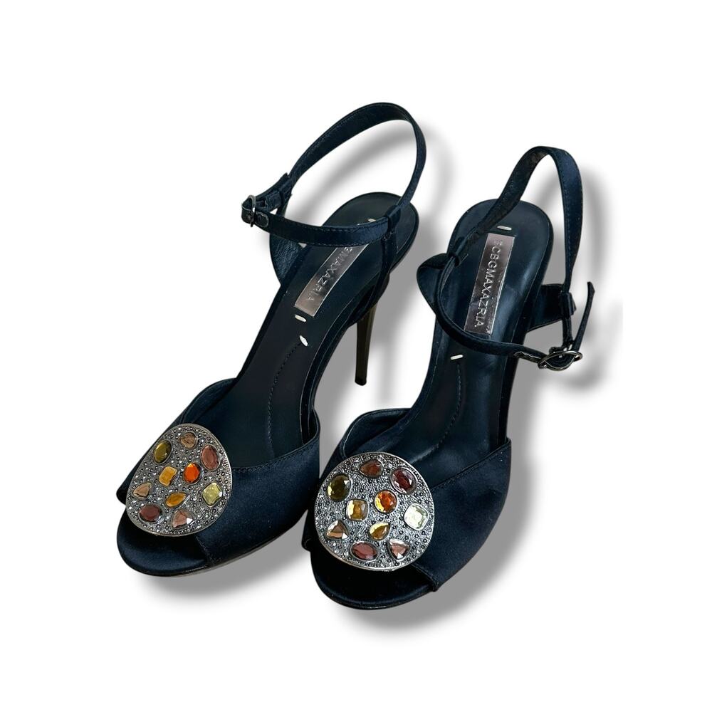 BCBG Max Azria Nastia Black Satin Heels Ankle Strap Multi Gem Crystal Sz EUR 37